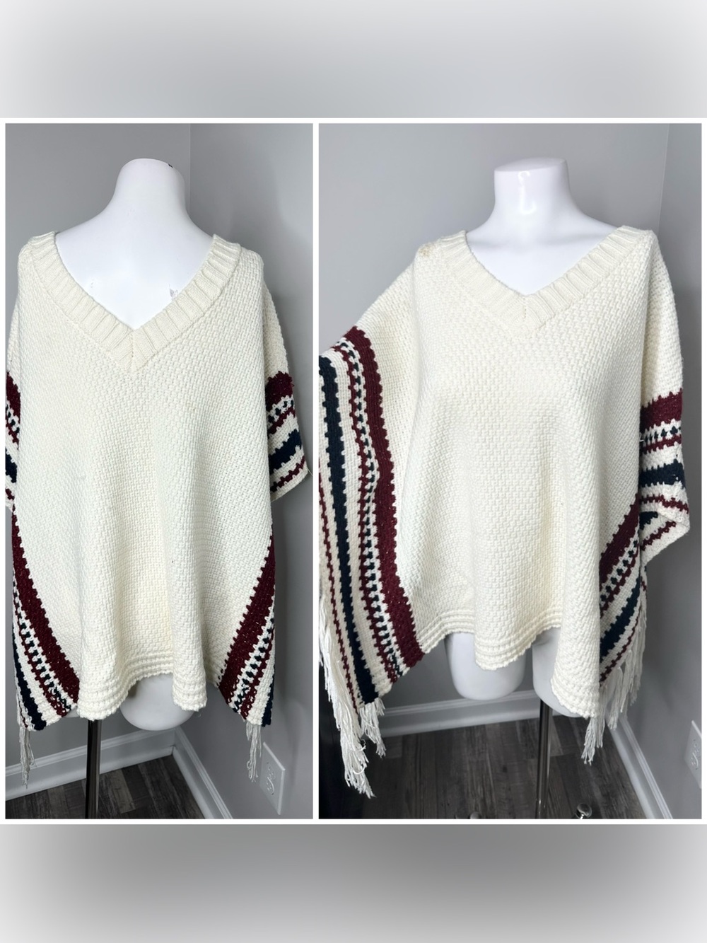 Lovely girl Cream V-Neck Poncho with Burgundy & Navy Stripe Detail-s/m